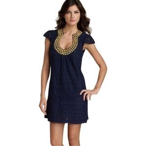 Trina Turk Classic Bonita Backgammon Lace Dress in Navy